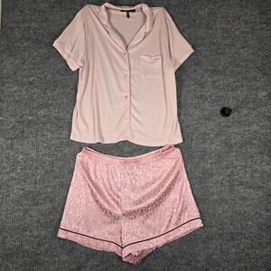 BCBGMAXAZRIA Pajama Set Womens L Pink Shorts Button Up Sleepwear EUC/NWT Top